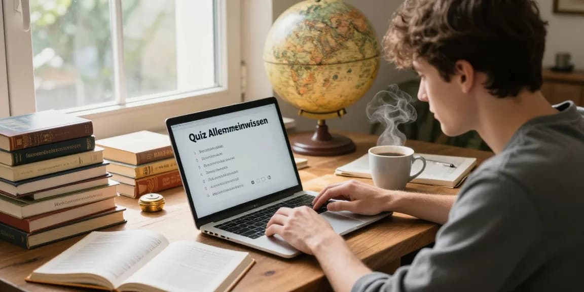 Quiz Allgemeinwissen participant engaging with a cozy home study setup.
