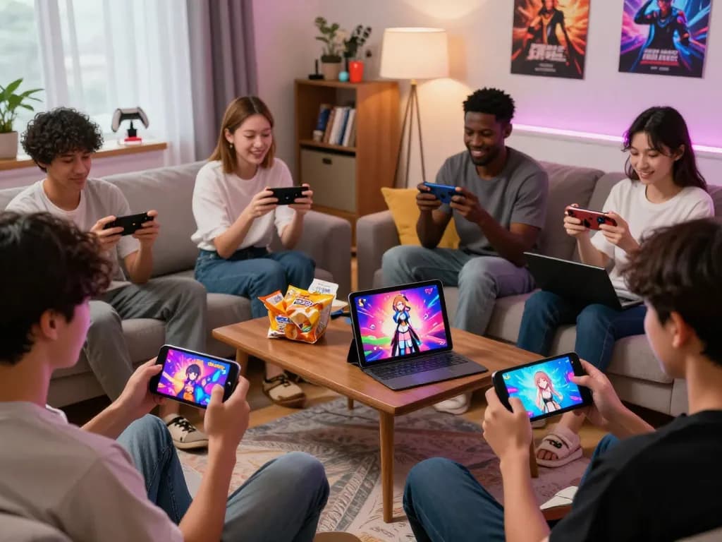 Players enjoying free mobile porn games in a cozy living room setting with colorful game displays and engaging atmosphere.
