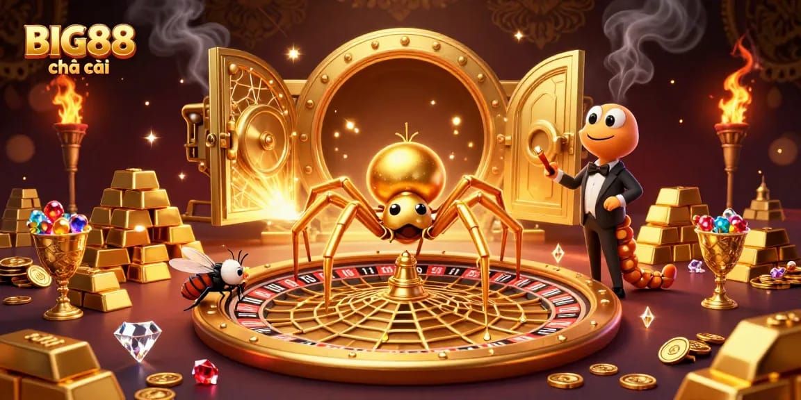 Bet and win with the vibrant atmosphere of BIG88 nhà cái, featuring a roulette wheel and treasures.