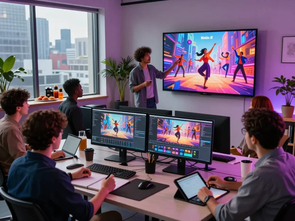Creative professionals collaborating using Kling AI 2.25, showcasing dynamic animation in a modern video production studio.