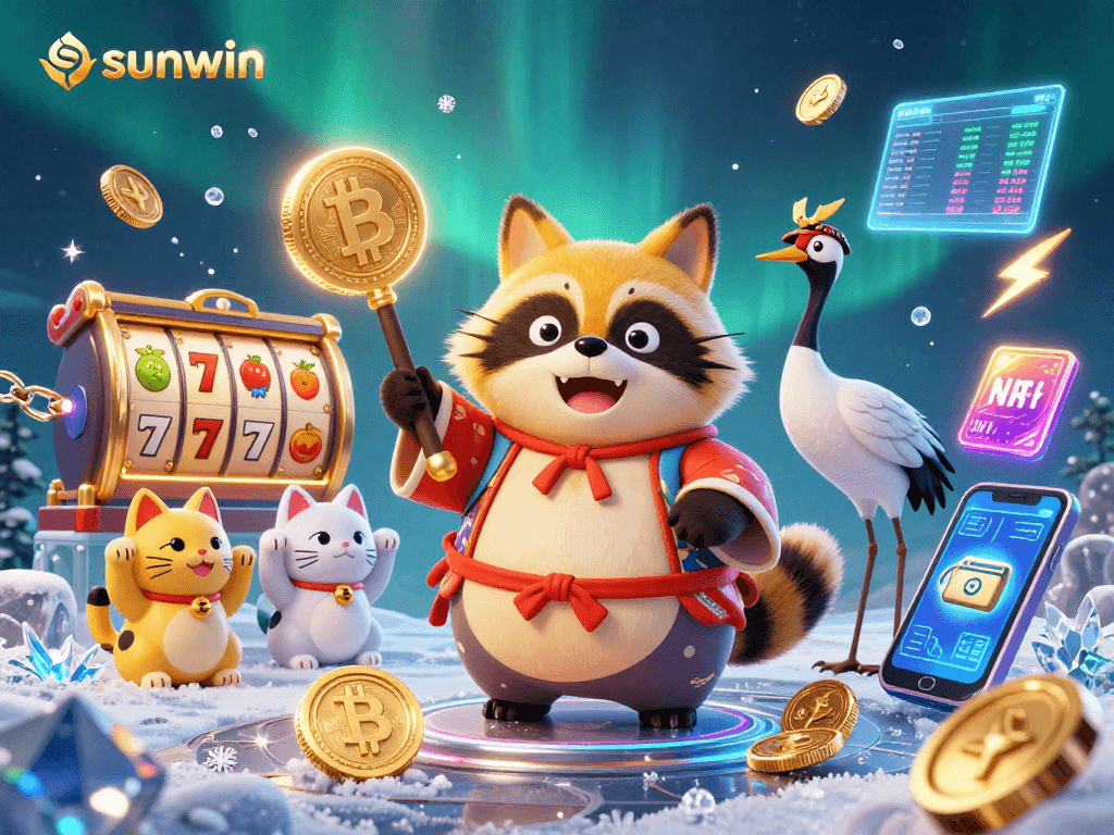 Experience thrilling gameplay with sunwin featuring a cheerful tanuki and neon crypto elements.