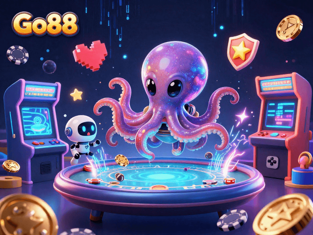 Experience exciting gameplay at Go88 with a vibrant 3D illustration of an alien octopus and robot playing poker.