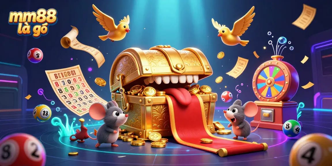 Experience an engaging game scene of mm88 là gì featuring a treasure chest and lively colorful game elements.