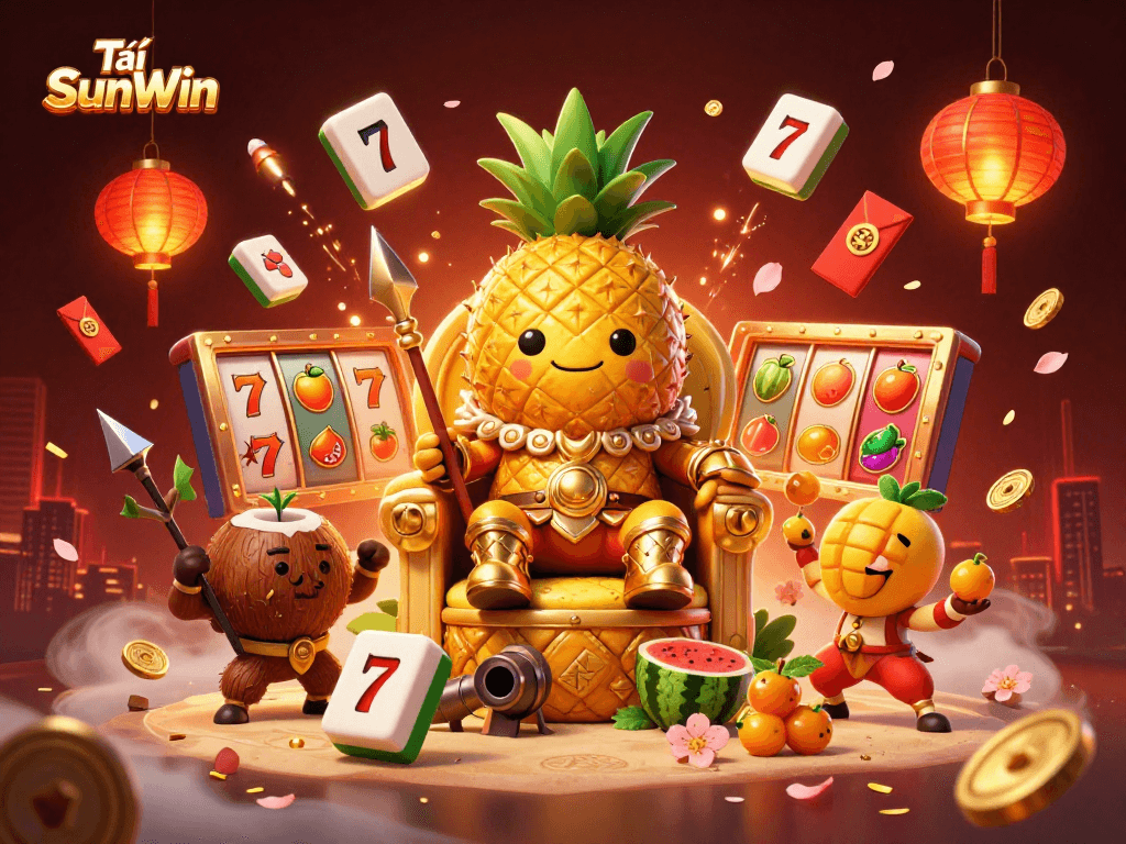 Tải SunWin Casino scene with a golden pineapple king and vibrant slot reels, creating an immersive gaming atmosphere.