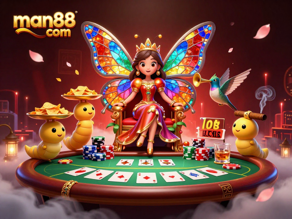 Engage in the vibrant world of man88 com with exciting poker elements in this 3D scene.
