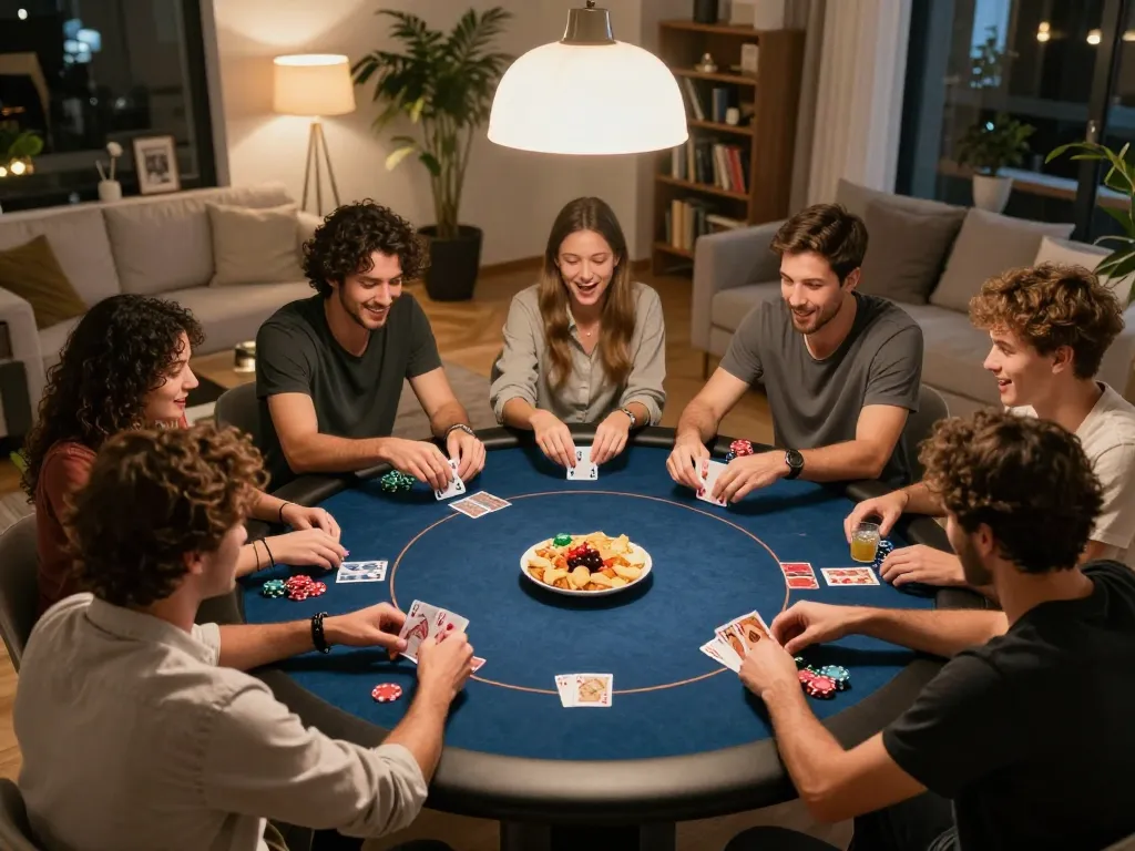 Friends enjoy a thrilling home poker night, showcasing expert soi keo nha cai strategies in action.