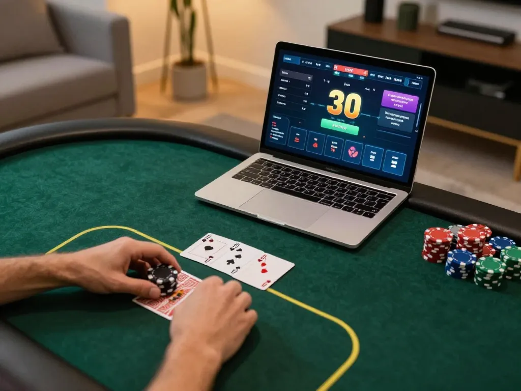 Player engaging in strategic gameplay at 33 win poker table, showcasing online gambling excitement with cards and chips.