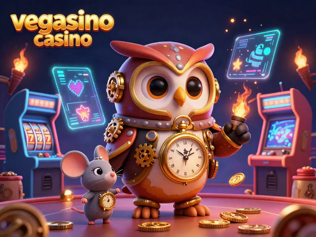 Experience the excitement with vegasino casino featuring a steampunk owl and vibrant slot machines.