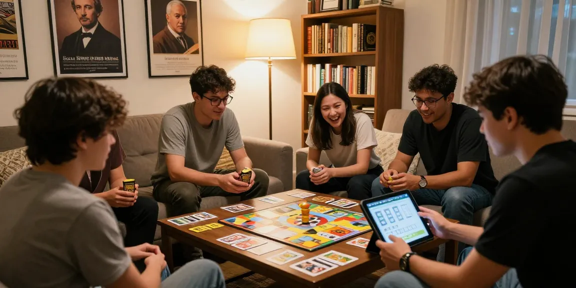 Quiz Allgemeinwissen Spieler in gemütlichem Raum testen ihr Wissen mit Trivia-Spielen.