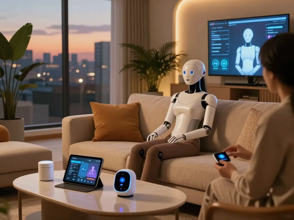 Interaction with a sex bot in a modern living space showcasing technology and comfort.