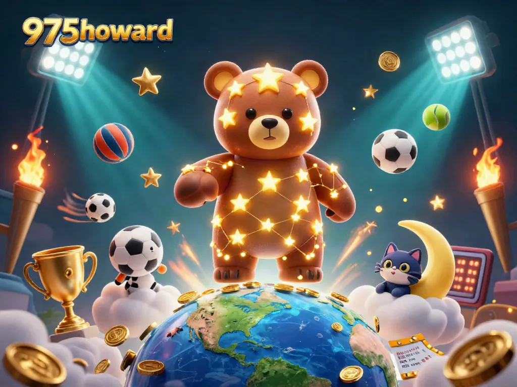 Bet on exciting games at 975howard with golden trophies and sports elements in a vibrant 3D scene.