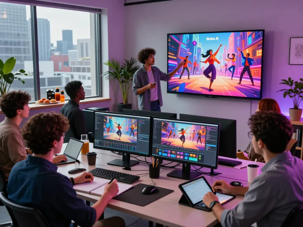 Creative professionals collaborating using Kling AI 2.25, showcasing dynamic animation in a modern video production studio.