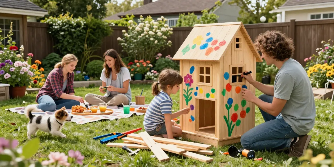 Familie beim Bau eines Gartenhauses im Freien, strahlender Sonnenschein und bunte Blumen im Hintergrund.