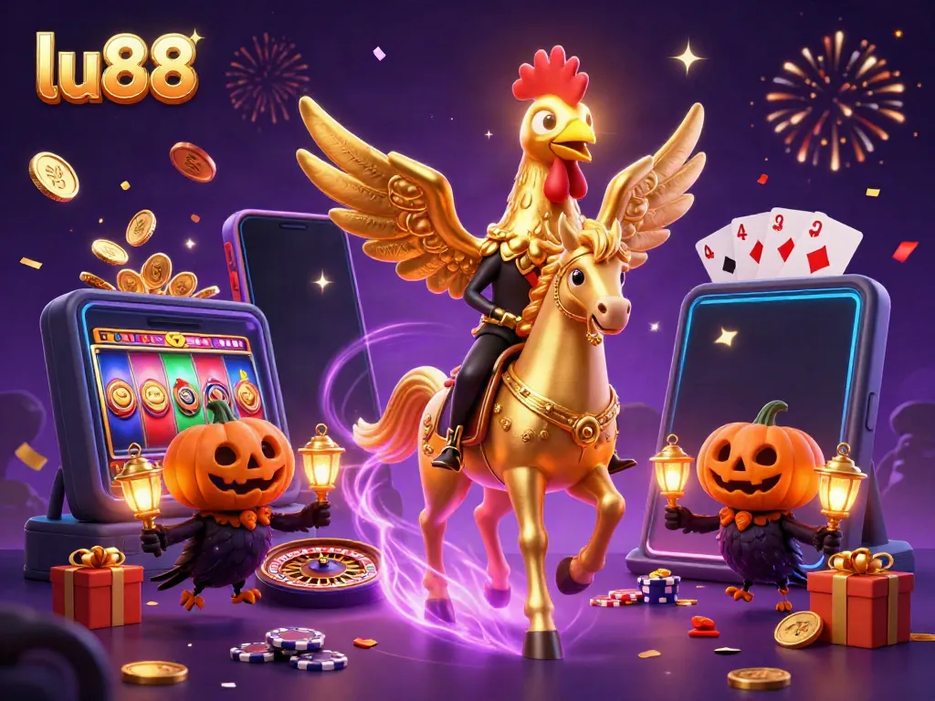 Experience the vibrant world of lu88 with golden rooster characters and dynamic casino elements.
