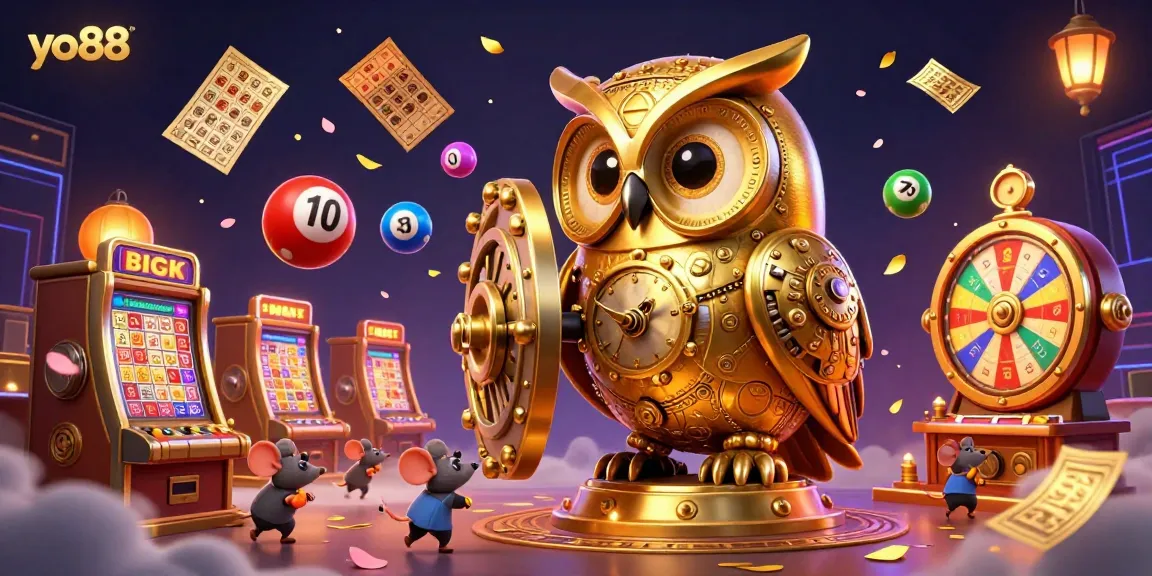 Experience excitement at yo88 with lottery games and cheerful animated characters in a lively casino.