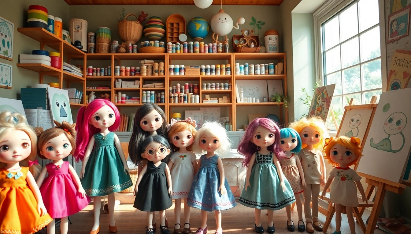 Gestalte einzigartige Gutdolls in einem kreativen Studio mit lebendigen Farben und spielerischen Designs.
