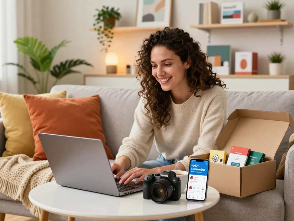 Sofort Lieferbar Online-Shopping-Szene mit einem jungen Erwachsenen, der stilvolle Haushaltsprodukte auf einem Laptop durchsucht.