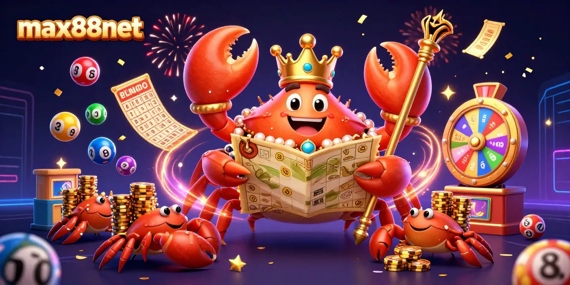 Experience max88net's vibrant casino scene featuring a golden crab emperor amidst colorful lottery elements.