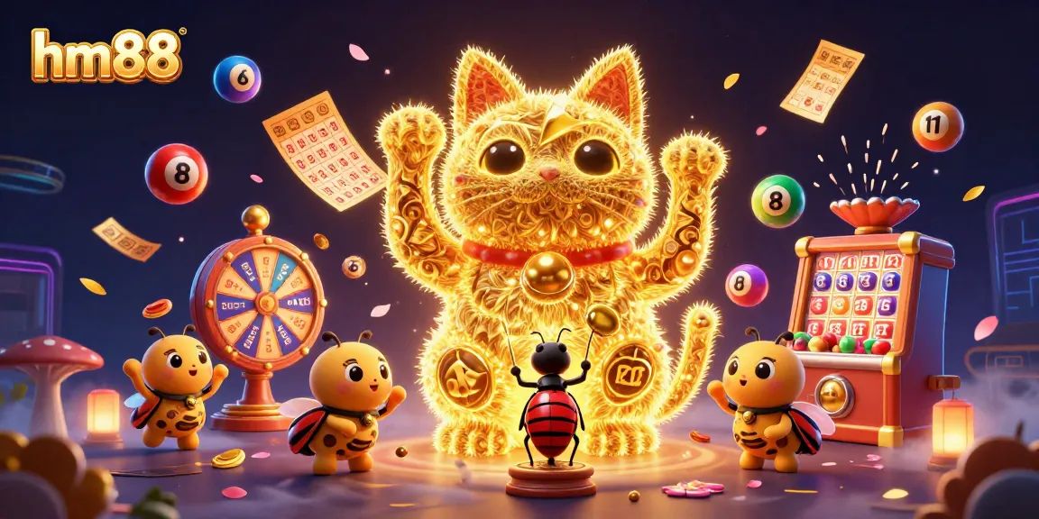 Experience the thrilling world of hm88 as golden fireflies transform into a lucky cat amidst vibrant casino symbols.