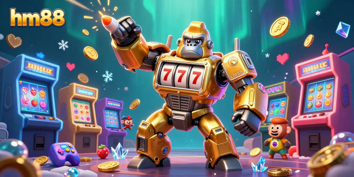 Experience thrilling gaming action at hm88 with a dynamic 3D illustrated gorilla mech and vibrant slot elements.