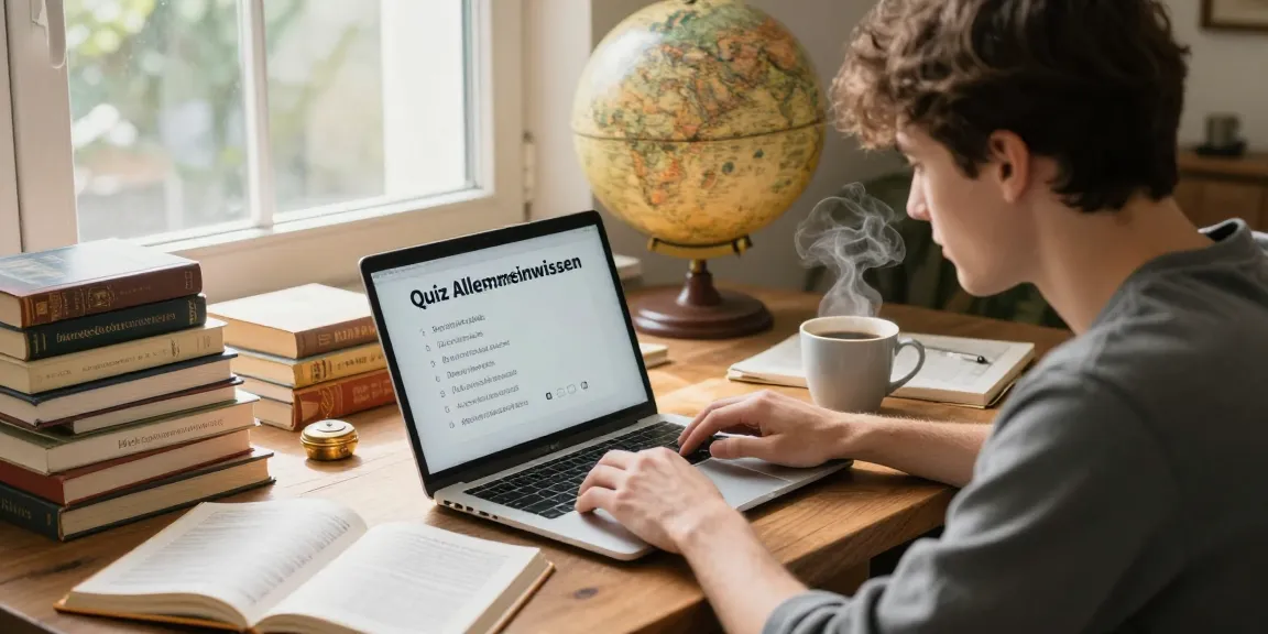 Quiz Allgemeinwissen participant engaging with a cozy home study setup.