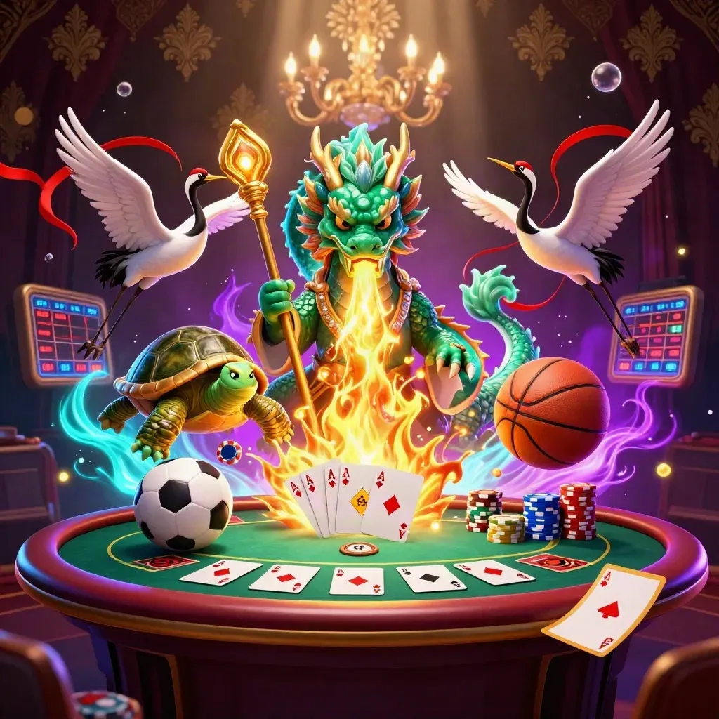Drachen, Schildkröte und Kraniche vor Pokerchips, Feuer, Spielballen und Goldglanz.