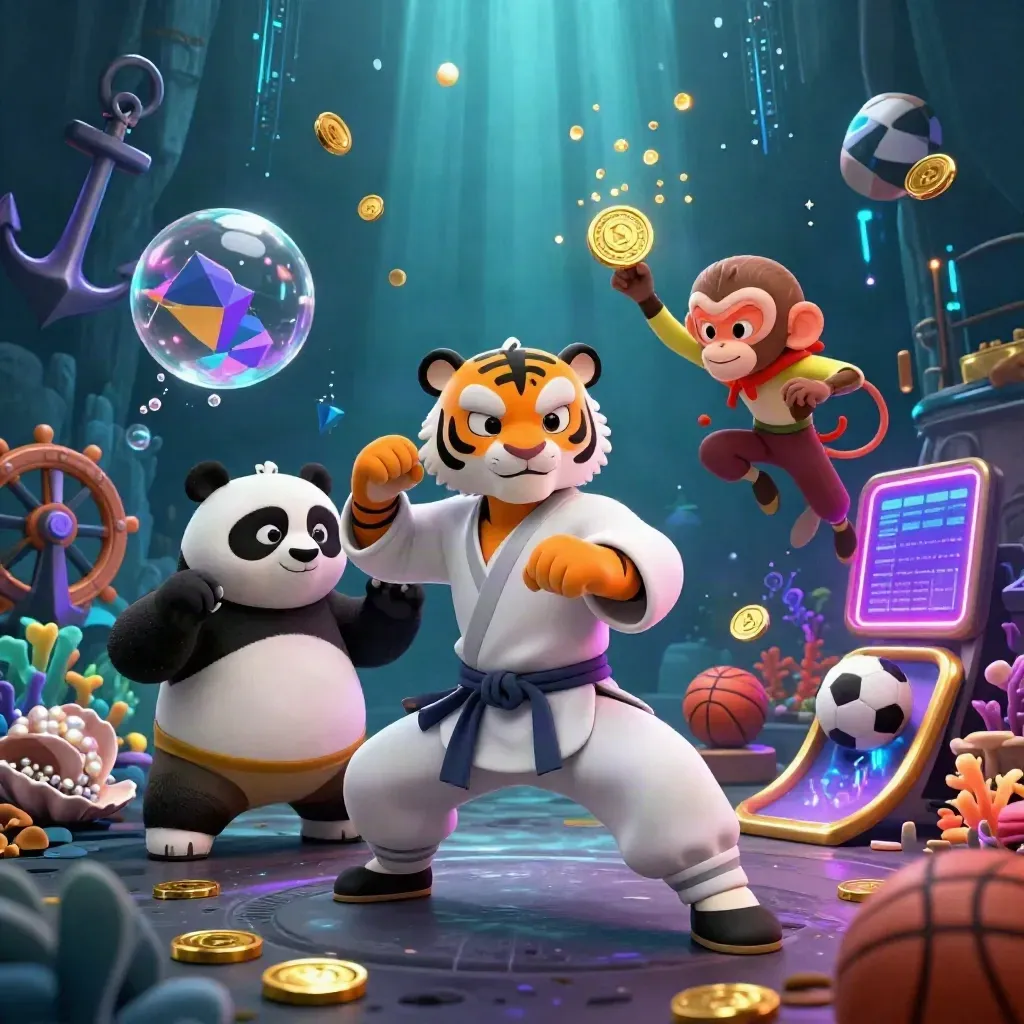 Tiger, Panda und Affe unter Wasser mit Gold, Korallen und Neonblitzen im Casino-Stil.