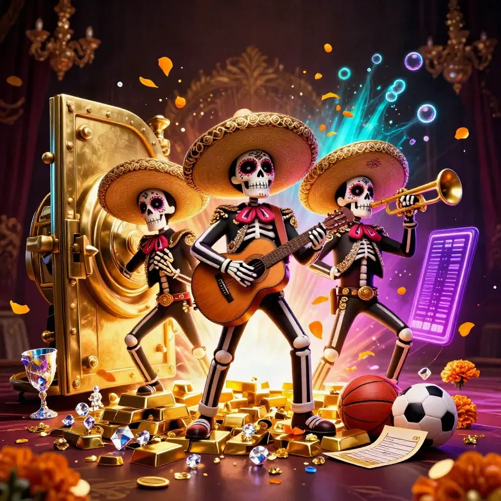 Skelett-Mariachis vor Goldtresor, Spielgeld und Neon-Glanz in Violett, Blau und Gold.