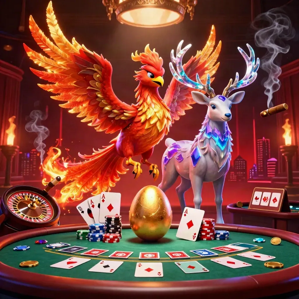 Feuerphönix, Hirsch und Babyphönix in einer luxuriösen Casino-Szene mit Gold, Neon und Rauch