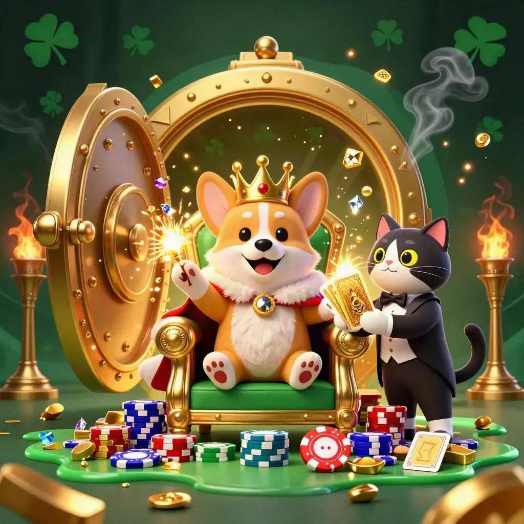 Royaler Corgi und Katzenbutler vor aufbrechendem Goldtresor, Neonviolett und Gold überall.
