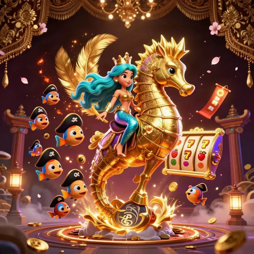 Meerjungfrauenprinzessin auf goldenem Seepferdchen, Fische, Münzen und Neon-Casino-Magie.