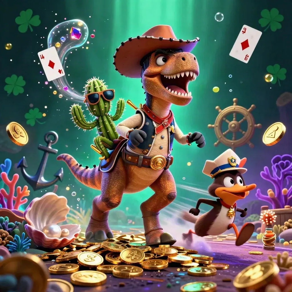 Cowboy-T-Rex, Kaktus und Roadrunner in einer neonleuchtenden Unterwasser-Schatzhöhle.
