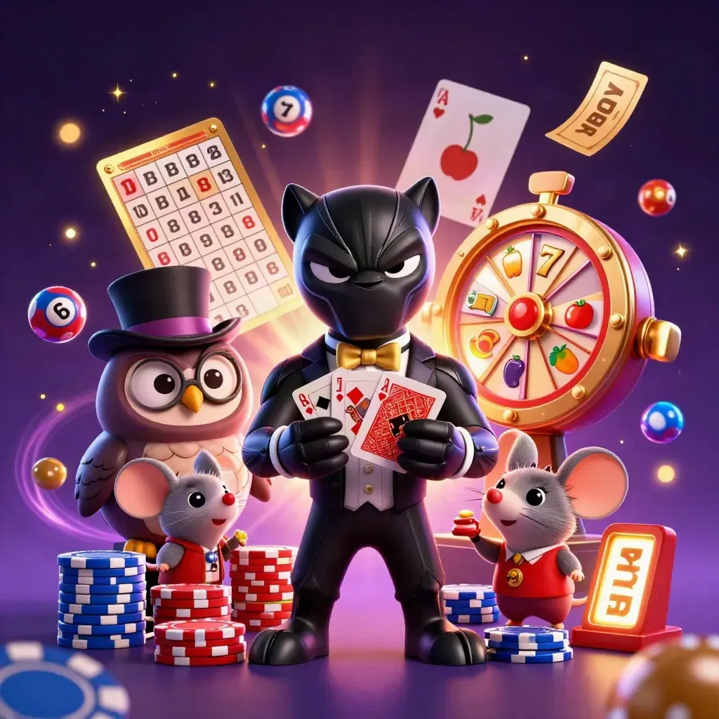 Panther, Eule und Maus beim Kartengeben, mit Jackpot- und Casino-Lichteffekten.