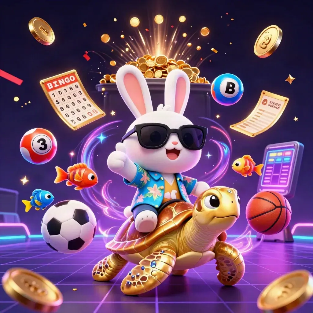 Hase auf Goldschildkröte, Münzen, Glücksrad, Neon, Konfetti und Sportwetten-Elemente