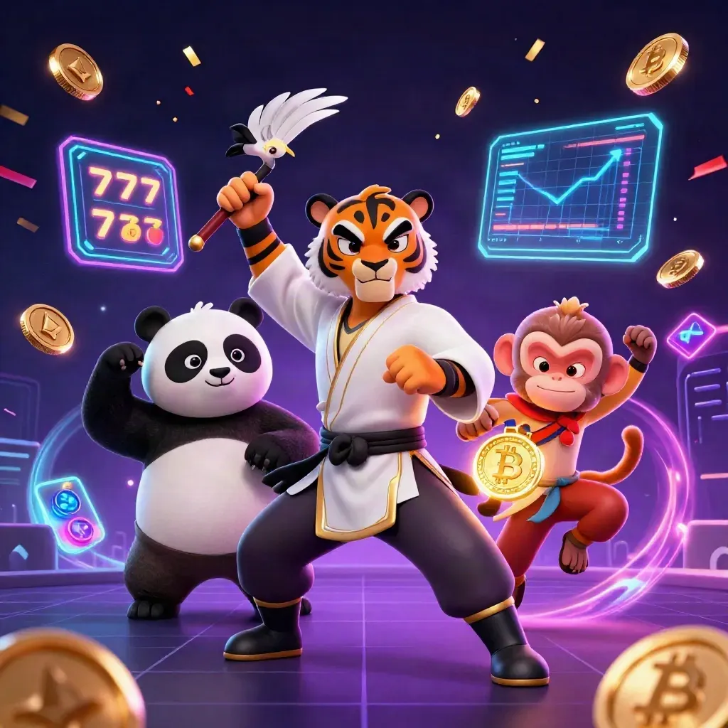 Kung-Fu-Tiger, Panda und Affe vor Neon-Casinoeffekten und Jackpot-Symbolen.