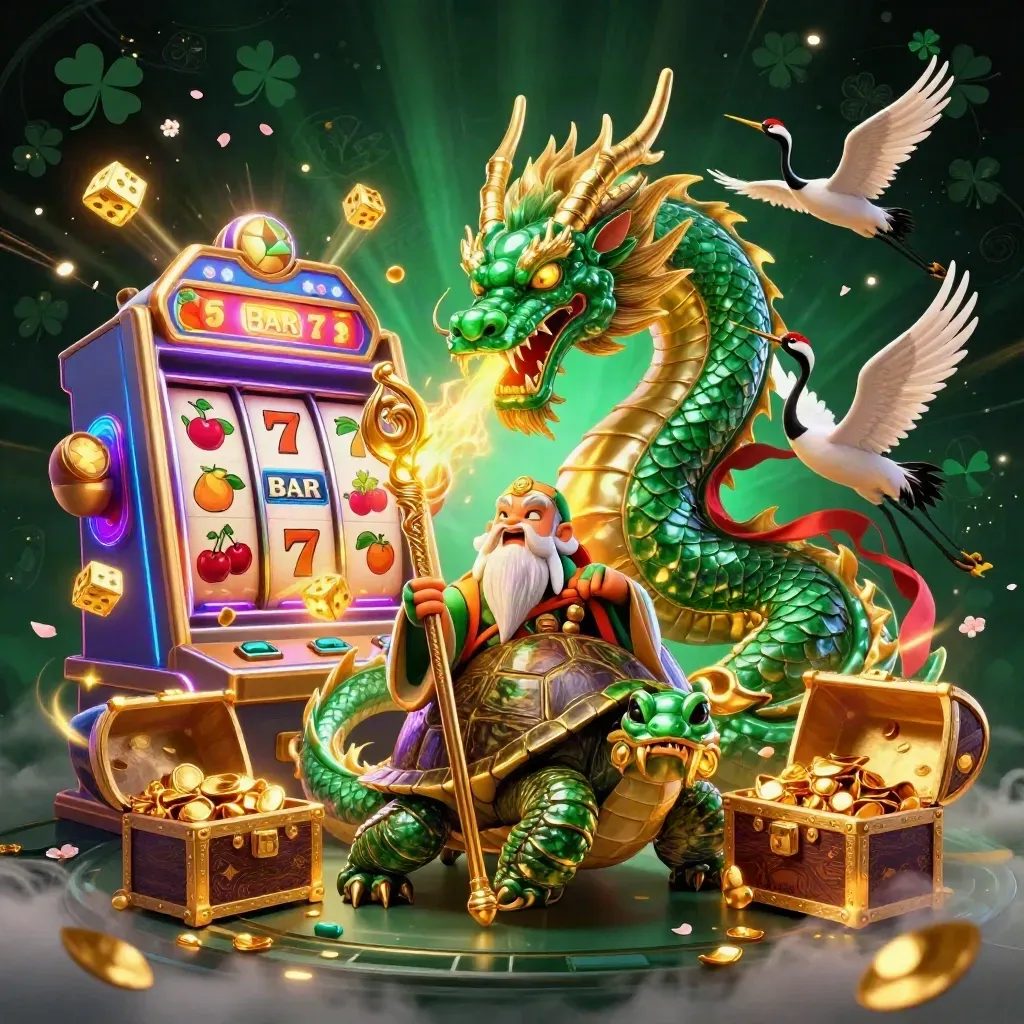Jadegrüner Drache, Schildkröte und Kraniche vor Jackpot, Gold und Neonlicht.