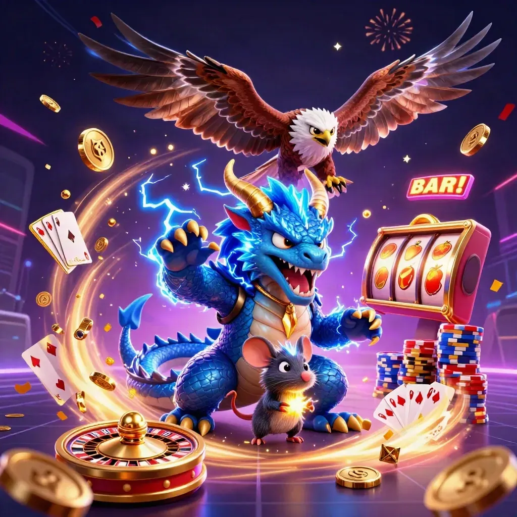 Neon-Drache, Windhabicht und Thunder-Maus mit Casino-Elementen, Münzen, Karten und Roulette.