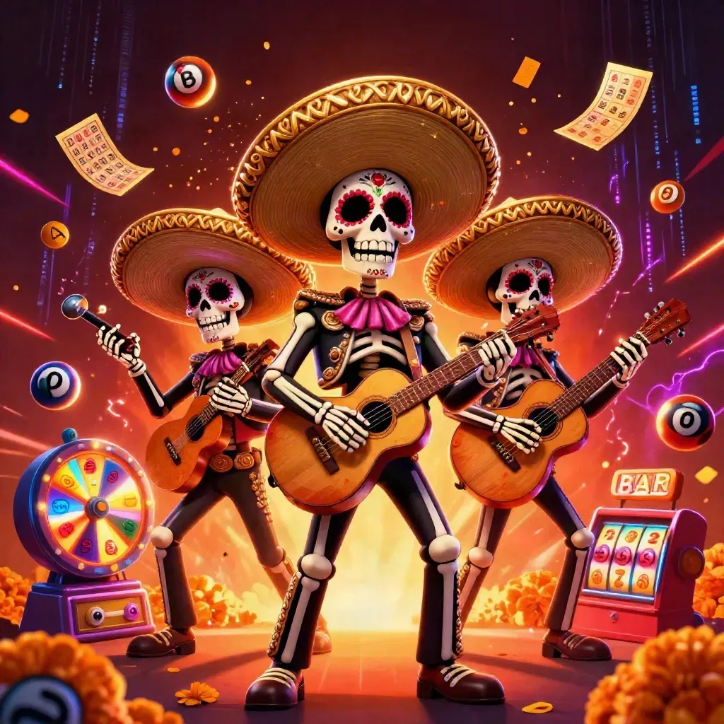 Drei Mariachi-Skelette vor leuchtenden Casino-Elementen, mit Goldhüten und Neon-Effekten.