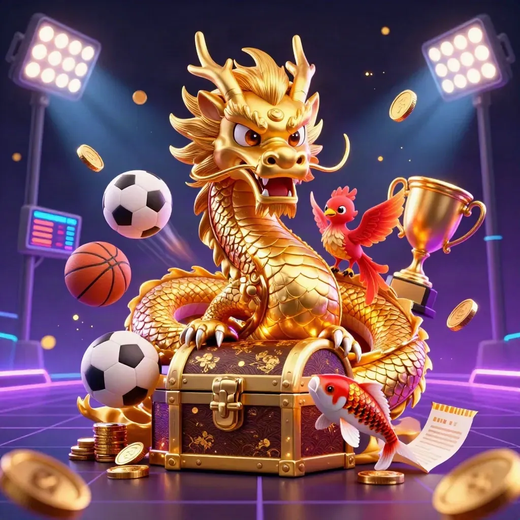 Goldener Drachen-Schatz mit Phoenix, Koi und Casino-Lichtern im Neonstil