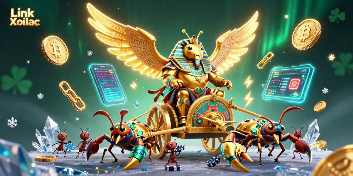 Engage with Link Xoilac through an epic 3D illustration of a golden scarab beetle leading a lively casino adventure.