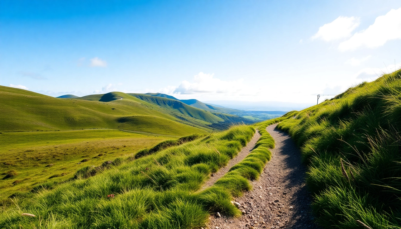 Wanderreise Irland auf einem malerischen Wanderweg in der Grüne Irlands mit sanften Hügeln im Hintergrund.