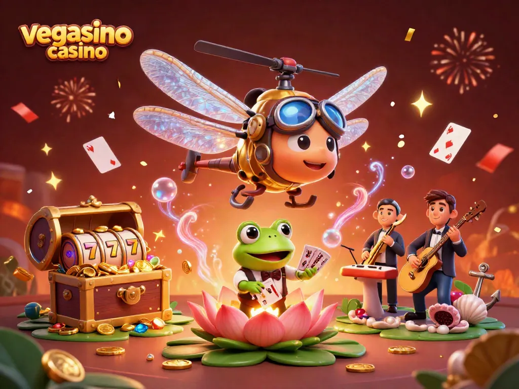 Play exciting games at vegasino casino with dynamic 3D cartoon characters in a lively scene.