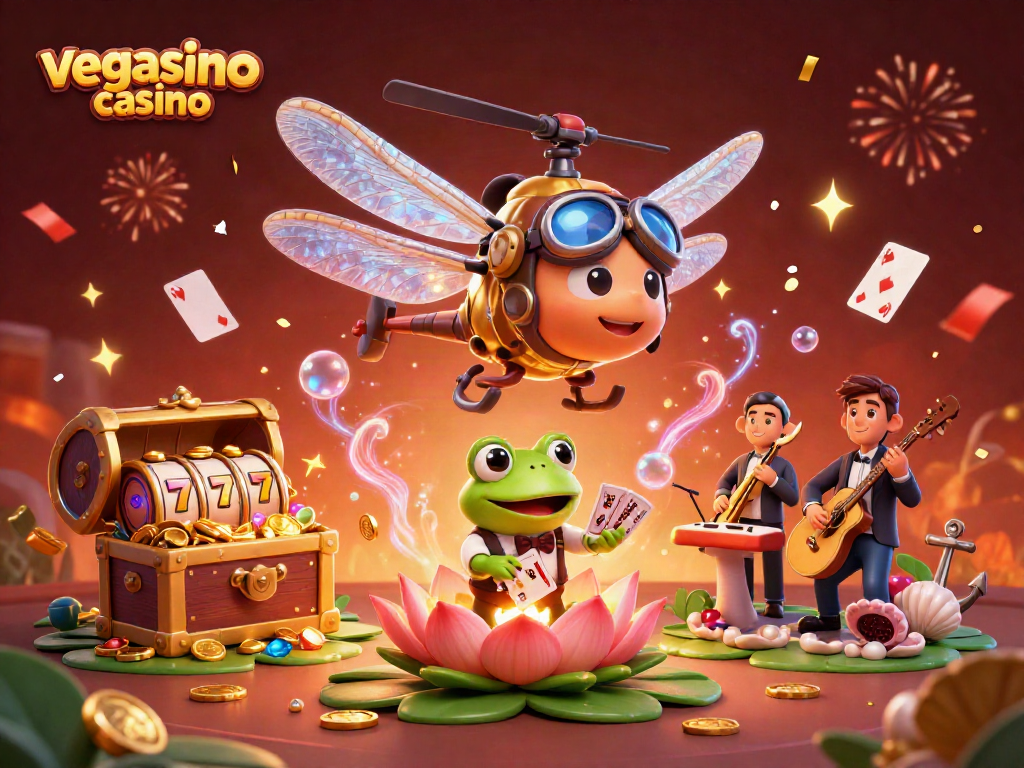 Play exciting games at vegasino casino with dynamic 3D cartoon characters in a lively scene.