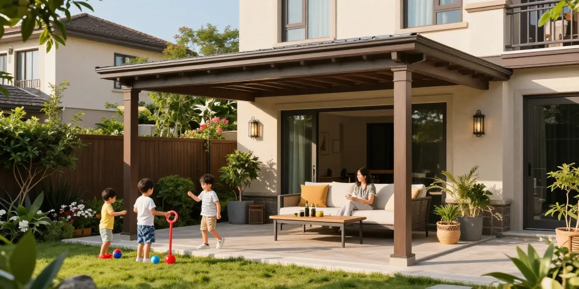 Freistehende Terrassenüberdachung im Garten mit Familie und Kindern, sonnige Atmosphäre