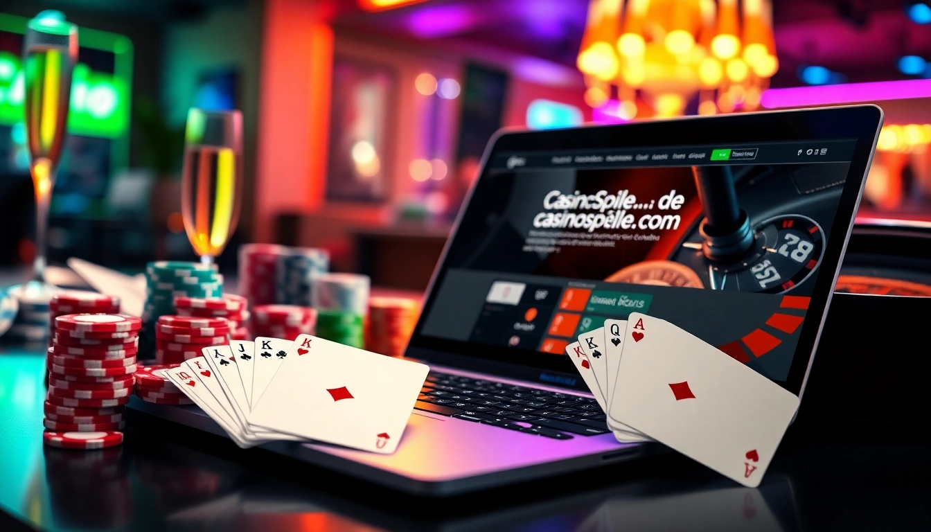 Spiele auf casinospiele.de mit einer attraktiven Anordnung von Casino-Elementen und einem Laptop im Fokus.