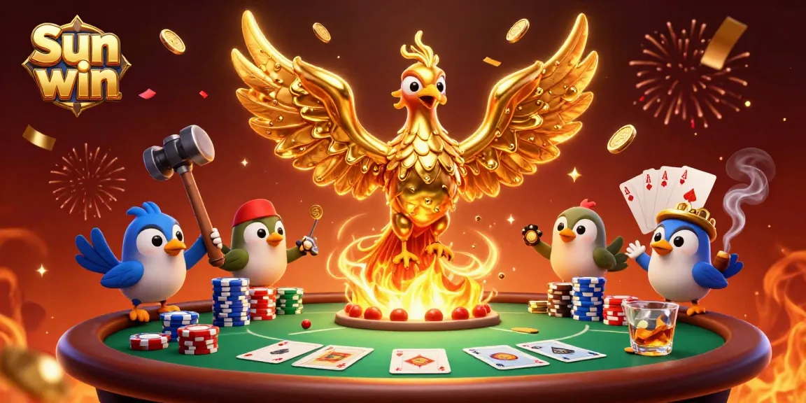 Experience exciting gaming moments with Sun win, featuring a golden phoenix and dynamic poker elements.