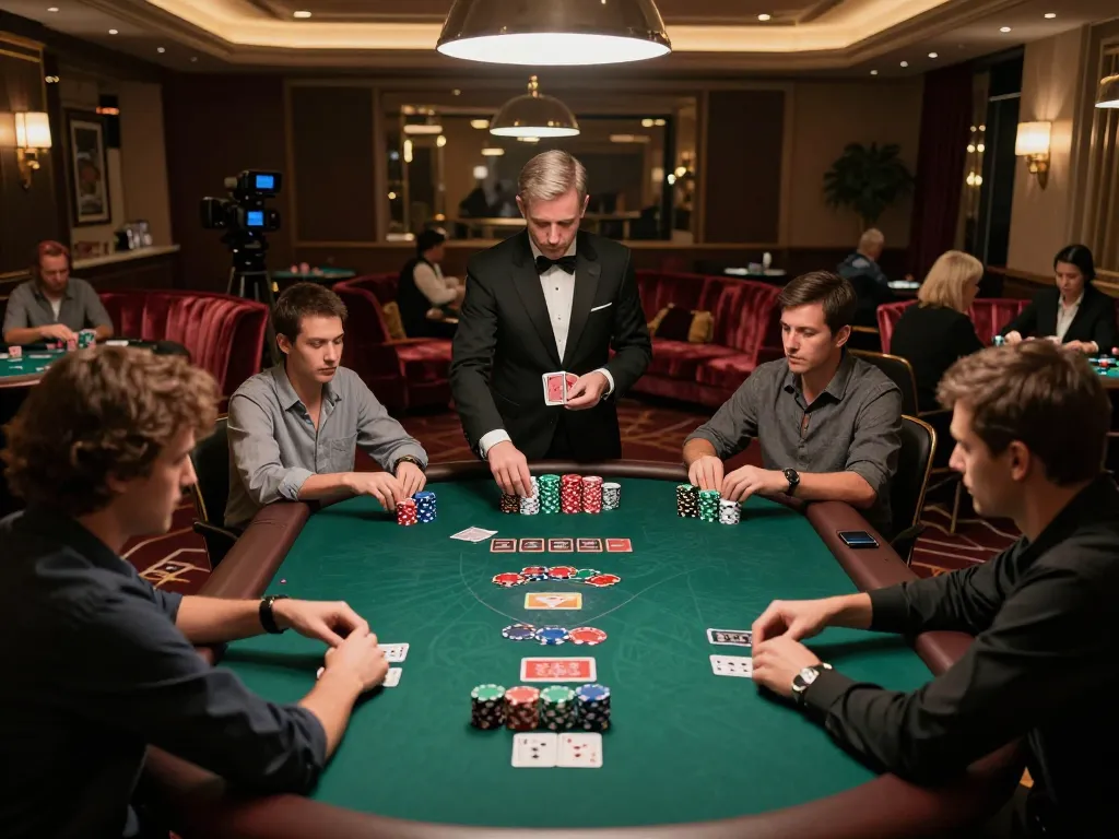 F168 poker players engaged in a strategic game at an elegant casino table, showcasing excitement and competitive spirit.