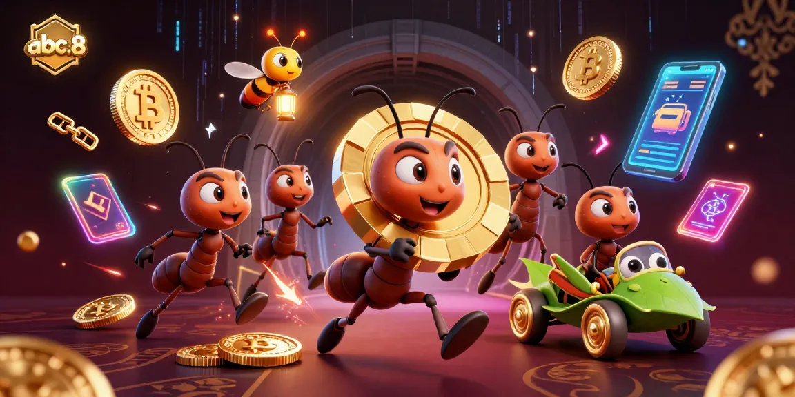 Play exciting games at abc.8 with a thrilling animated scene of ants carrying a giant poker chip.