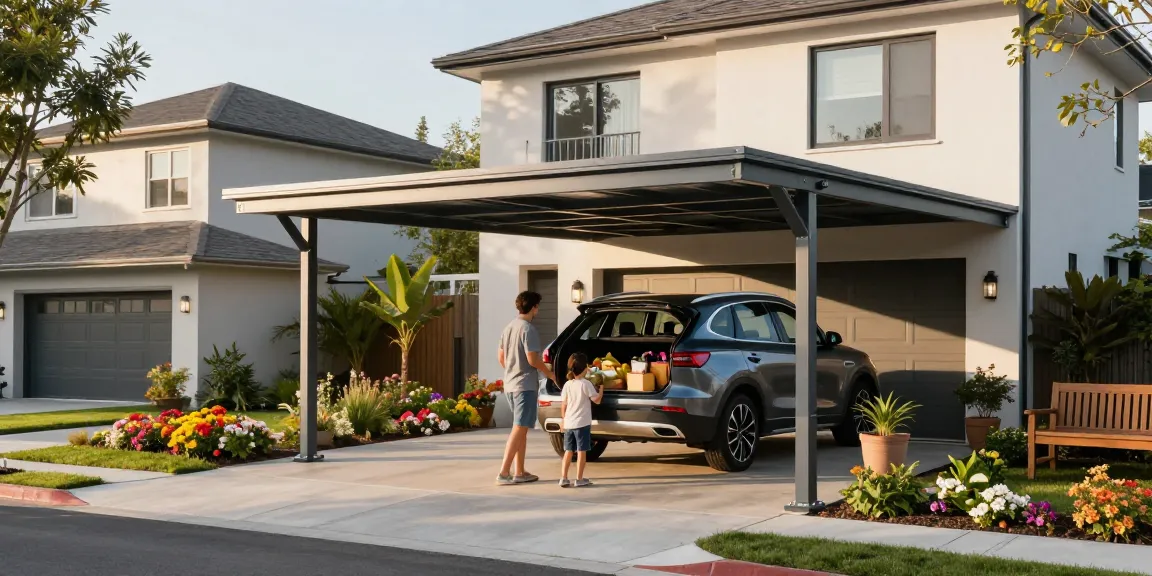 Moderne Carport-Design in einer Wohnumgebung mit SUV und Gartenblumen.