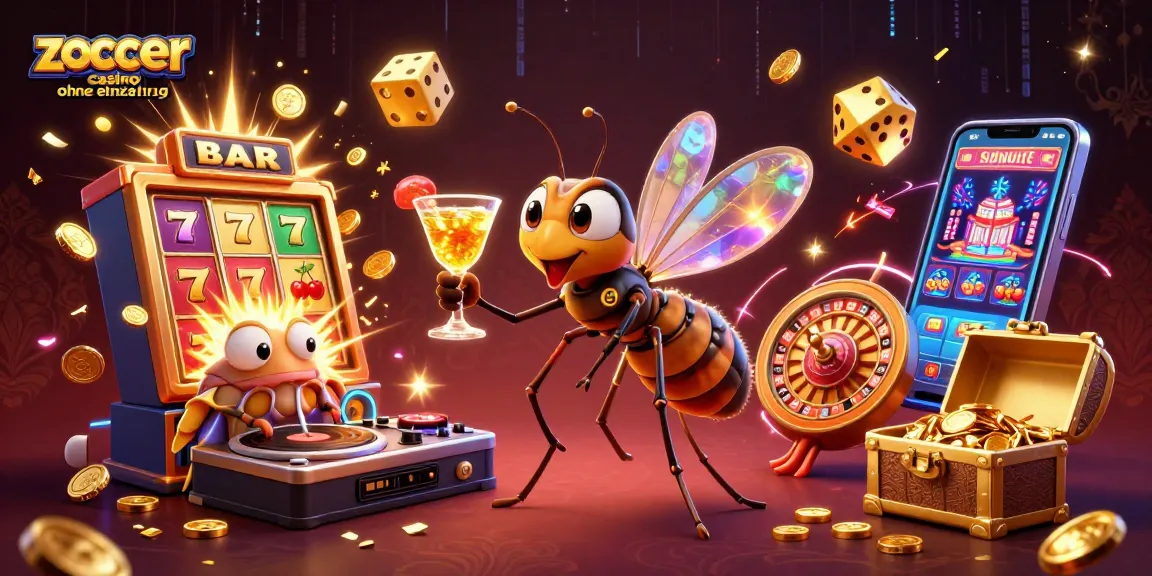 Zoccer casino ohne Einzahlung erleben mit einem 3D-Maskottchen, das einen goldenen Cocktail hält, umgeben von Casino-Elementen und Gewinnsymbolen.